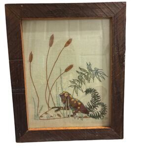 Vintage 70's Crewel Embroidered Tapestry Rustic Frame Frog w Cattails MCM Decor